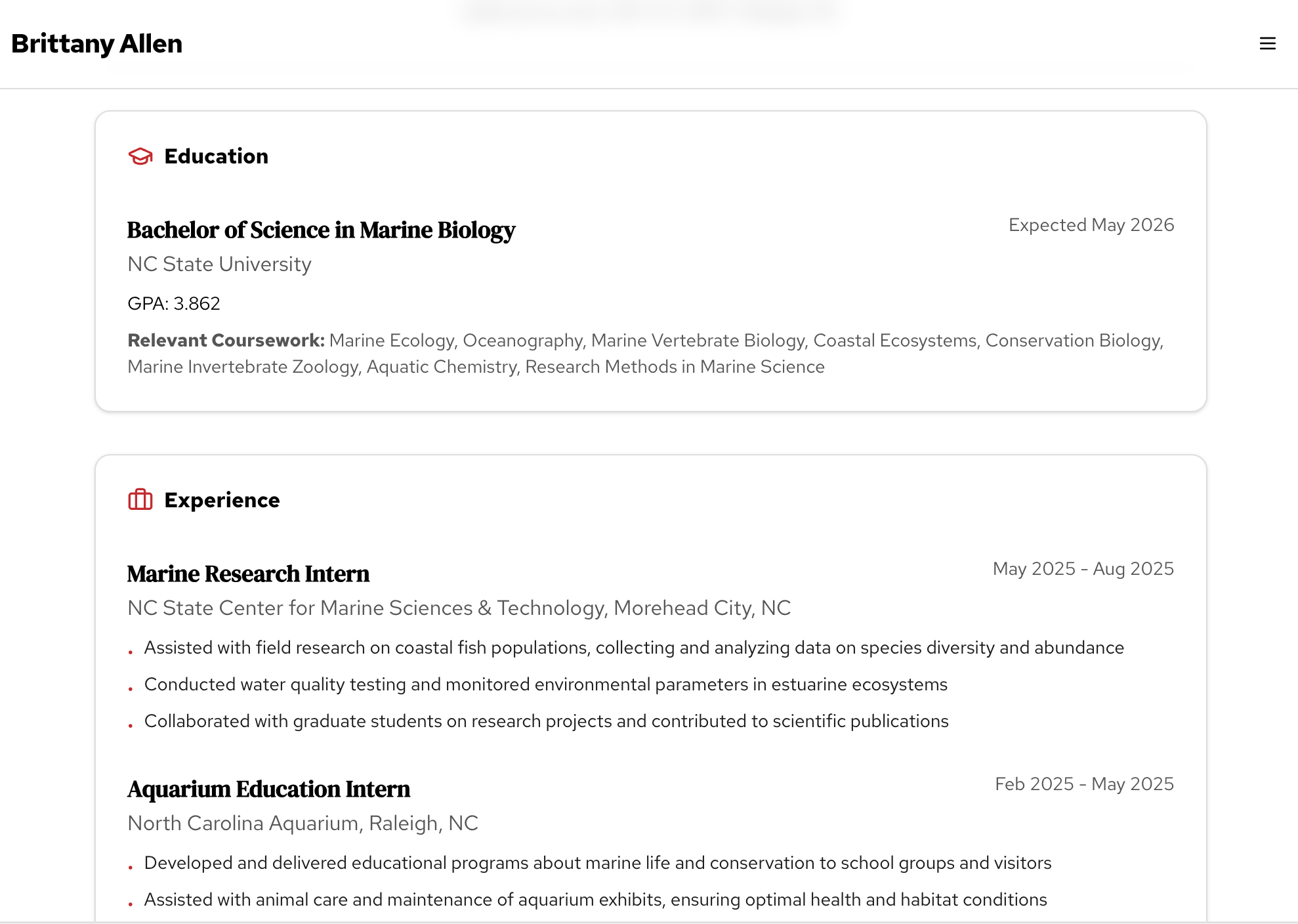 Professional resume page example - Brittany Allen Education and Experience