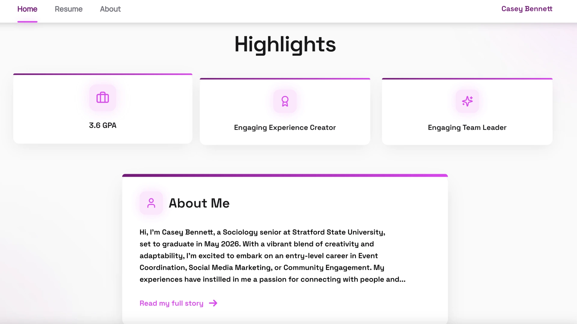Casey Bennett - Highlights Section Example